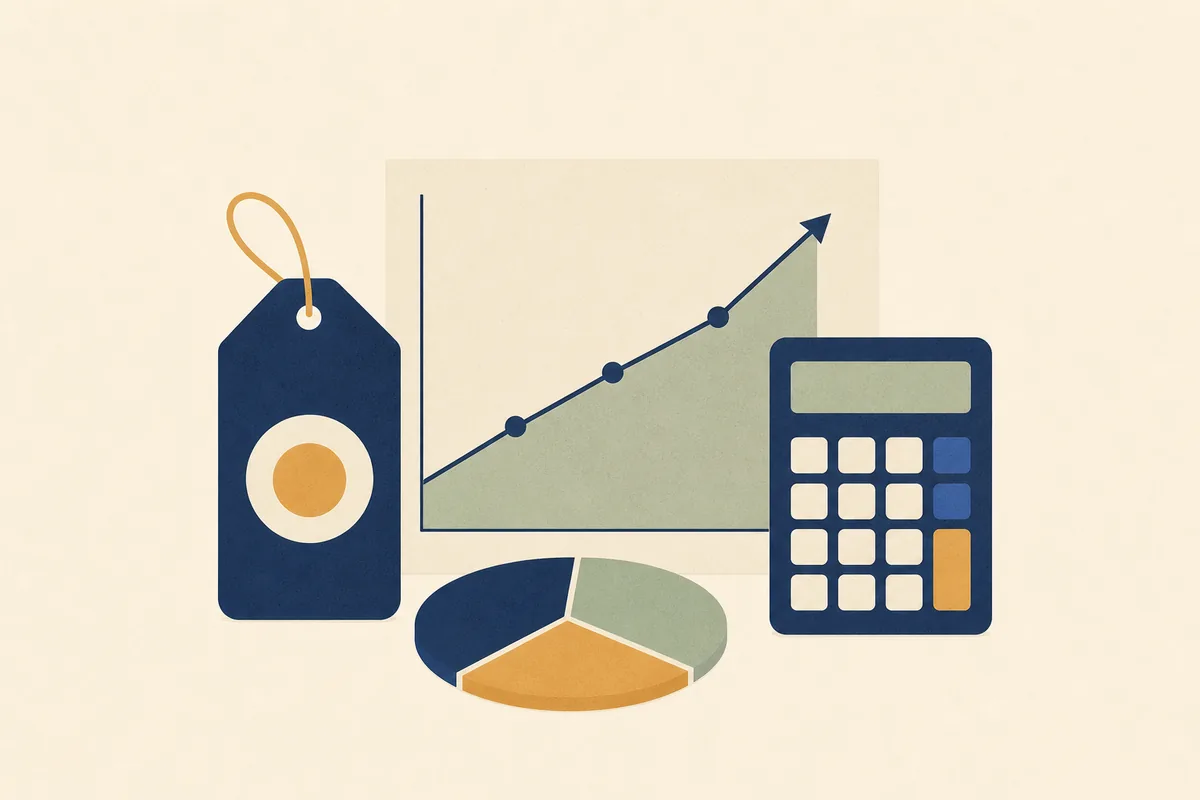 Illustration d'un cas de pricing avec étiquette de prix, graphique et calculatrice